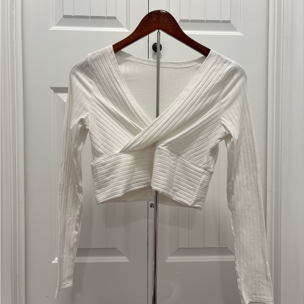 White Ribbed Wrap Top